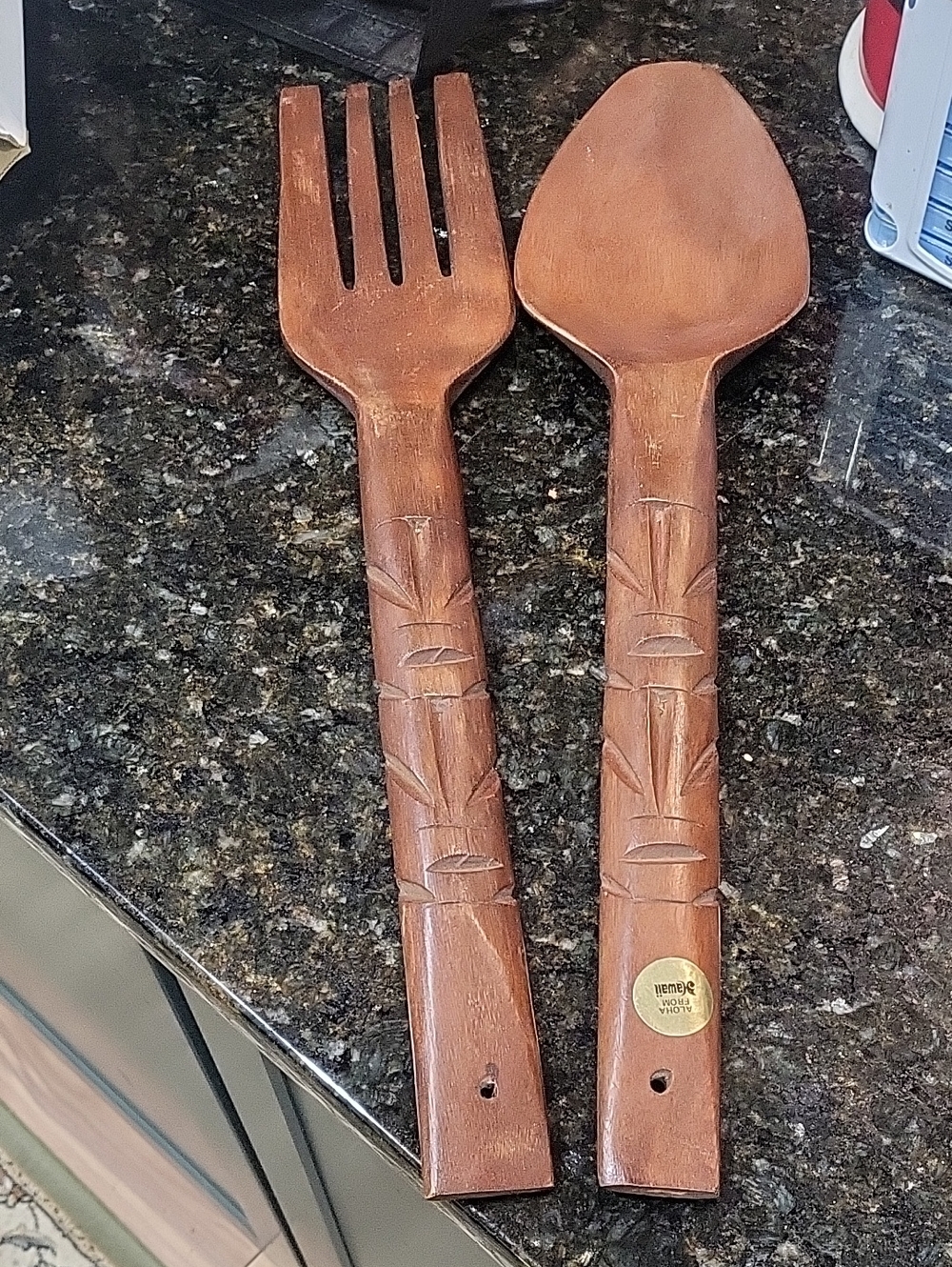 Wood large spoon & fork hand carved wall decor Toki totem handle design Vintage